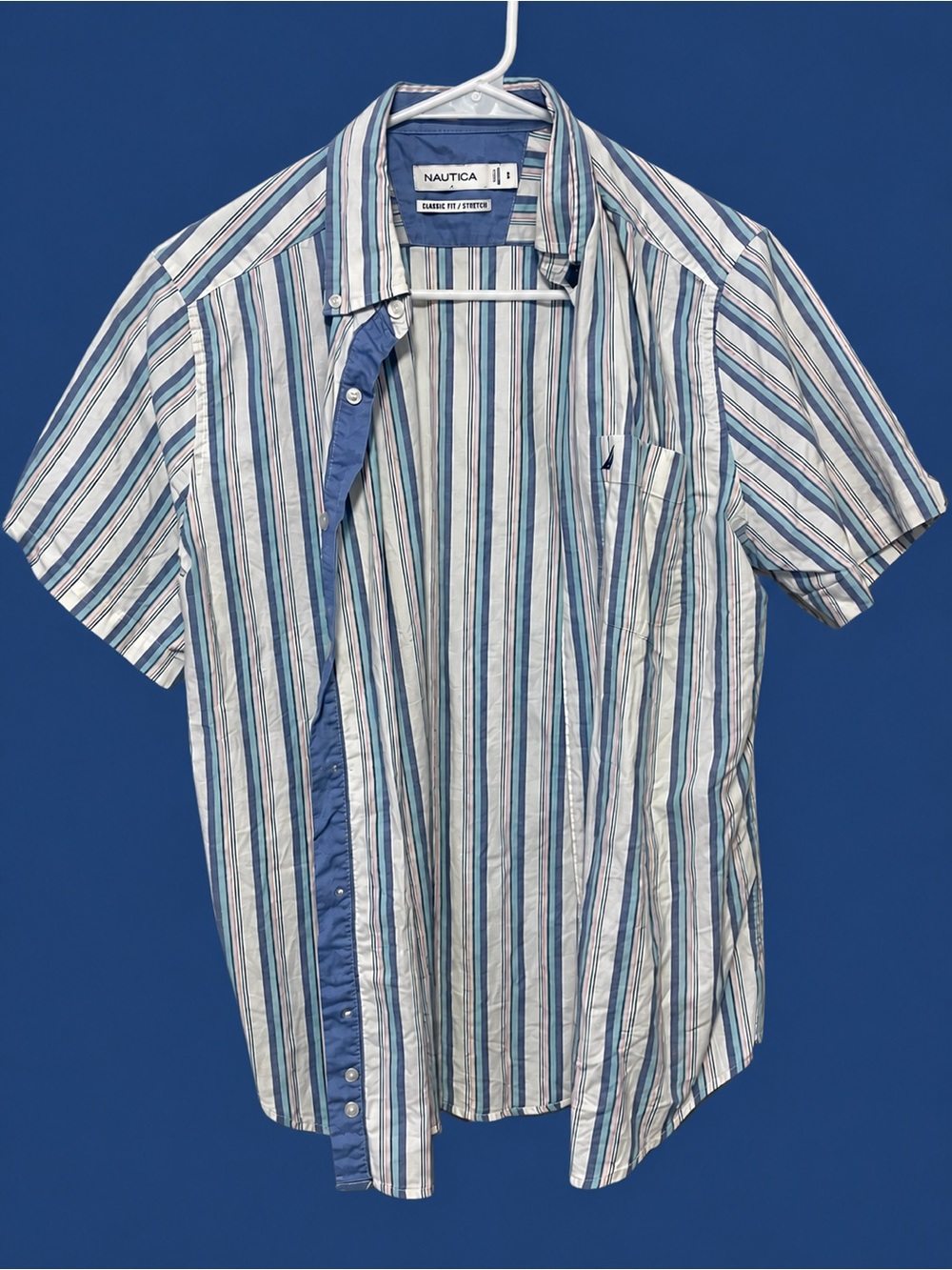 Nautica Short Sleeve Striped Button-Down Shirt in Blue & White